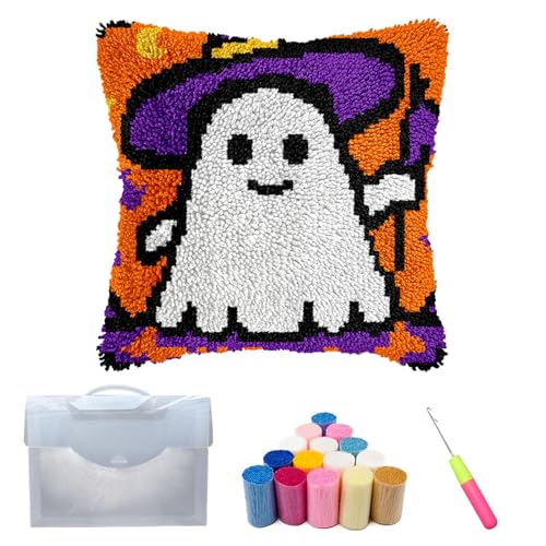 Xiyocadt Knüpfteppich Zum Selber Knüpf-Sets 43X43Cm,Halloween Ghost Pumpkin Decorations,Latch Hook Kits Teppiche,DIY Dekorative Kissenbezüge Stickerei Kreuzstich Kunsthandwerk (B) von Xiyocadt