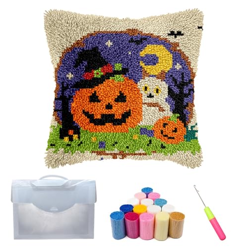 Xiyocadt Knüpfteppich Zum Selber Knüpf-Sets 43X43Cm,Halloween Ghost Pumpkin Decorations,Latch Hook Kits Teppiche,DIY Dekorative Kissenbezüge Stickerei Kreuzstich Kunsthandwerk (C) von Xiyocadt
