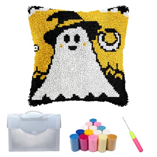 Xiyocadt Knüpfteppich Zum Selber Knüpf-Sets 43X43Cm,Halloween Ghost Pumpkin Decorations,Latch Hook Kits Teppiche,DIY Dekorative Kissenbezüge Stickerei Kreuzstich Kunsthandwerk (E) von Xiyocadt