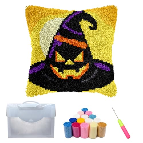 Xiyocadt Knüpfteppich Zum Selber Knüpf-Sets 43X43Cm,Halloween Ghost Pumpkin Decorations,Latch Hook Kits Teppiche,DIY Dekorative Kissenbezüge Stickerei Kreuzstich Kunsthandwerk (F) von Xiyocadt