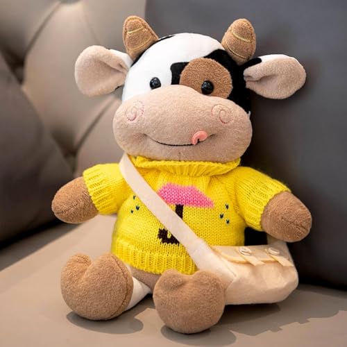 Xiyocadt Kuscheltier Kuh, Ankleiden Rucksack Milchkuh Plüschtier, Kleidung Kann Ausgezogen Werden Plüsch Puppe, Stofftier Spielzeug Plüschkissen Geschenk für Kinder Jungen Mädchen (30CM,Gelb) von Xiyocadt