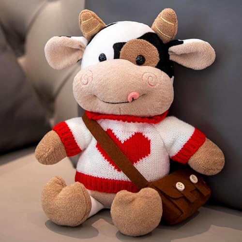 Xiyocadt Kuscheltier Kuh, Ankleiden Rucksack Milchkuh Plüschtier, Kleidung Kann Ausgezogen Werden Plüsch Puppe, Stofftier Spielzeug Plüschkissen Geschenk für Kinder Jungen Mädchen (40CM,rot Herz) von Xiyocadt