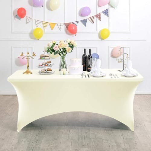 Xiyocadt Spandex Stretch Tischdecke, 6FT Hohem Elastik und knitterfreie rechteckige Stretch Tischdecke, Elastische Tischdecken für Geburtstags,Hochzeit,Bankett Tischdekoration (Elfenbeinweiß) von Xiyocadt