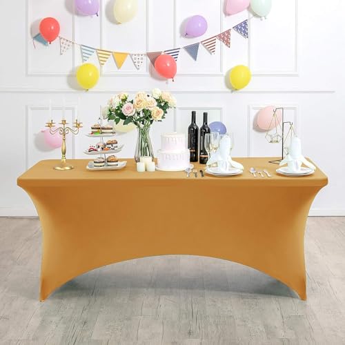 Xiyocadt Spandex Stretch Tischdecke, 6FT Hohem Elastik und knitterfreie rechteckige Stretch Tischdecke, Elastische Tischdecken für Geburtstags,Hochzeit,Bankett Tischdekoration (Gold) von Xiyocadt