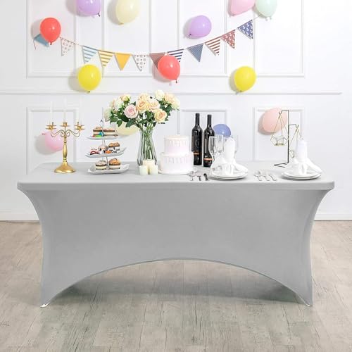 Xiyocadt Spandex Stretch Tischdecke, 6FT Hohem Elastik und knitterfreie rechteckige Stretch Tischdecke, Elastische Tischdecken für Geburtstags,Hochzeit,Bankett Tischdekoration (Silber) von Xiyocadt