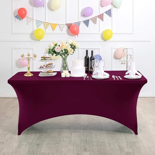 Xiyocadt Spandex Stretch Tischdecke, 6FT Hohem Elastik und knitterfreie rechteckige Stretch Tischdecke, Elastische Tischdecken für Geburtstags,Hochzeit,Bankett Tischdekoration (Weinrot) von Xiyocadt