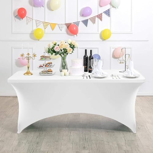 Xiyocadt Spandex Stretch Tischdecke, 6FT Hohem Elastik und knitterfreie rechteckige Stretch Tischdecke, Elastische Tischdecken für Geburtstags,Hochzeit,Bankett Tischdekoration (Weiß) von Xiyocadt