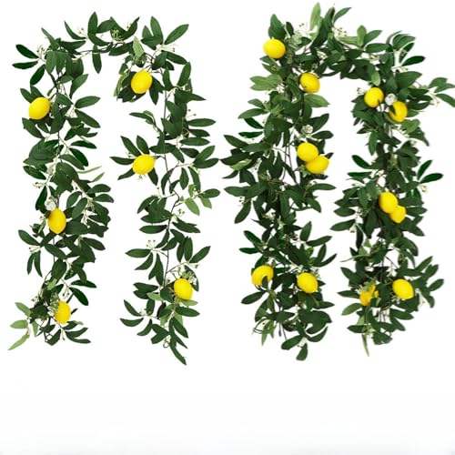 Xiyocadt Zitronengirlande mit Grün,Zitrone Girlande Künstliche Obst Girlande mit Zitrone, Grüne Girlandendekoration für Tischparty, Hängende Blumen Pflanzen Früchte Beeren Kranz (28cm,B) von Xiyocadt