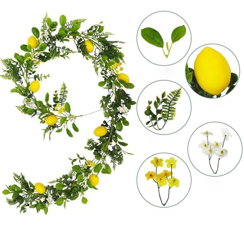 Xiyocadt Zitronengirlande mit Grün,Zitrone Girlande Künstliche Obst Girlande mit Zitrone, Grüne Girlandendekoration für Tischparty, Hängende Blumen Pflanzen Früchte Beeren Kranz (28cm,C) von Xiyocadt