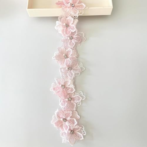 Xizhiwan 2 Yard 3D Blumen Spitzenrand Perlen Blumen Stickerei Stoff Blumen Aufkleber Spitzenband Handwerk DIY Nähware Handwerk für Kleidung Hüt Dekoration (rosa) von Xizhiwan
