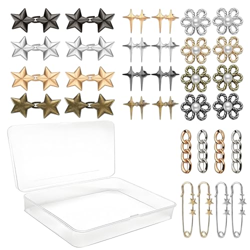 32 Set Hosen-Taillenspanner Stern Blume Jeansknöpfe Pins für lose Jeans Verstellbarer Taillenmieder Clip Metall Brosche für Kleidung Kleider Röcke Hemd Kein Nähen und kein Werkzeug Dekoration Zubehör von Xkdamai