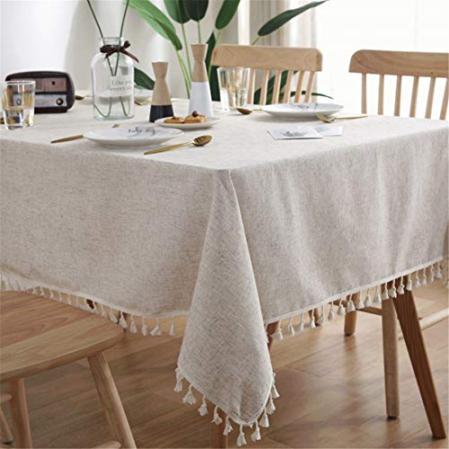 Xlabor Beige Leinenoptik Tischtuch mit Quaste Rechteckige Tischwäsche Tischdekoration 100x140 cm von Xlabor