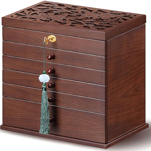 Xloverise Schmuckschatulle aus Holz für Damen, 6-lagige Vintage-Schmuckschatulle aus Holz mit Spiegel und 5 Schubladen, große Holz-Schmuckschatulle, Ohrringen, Halsketten (Braun) von Xloverise
