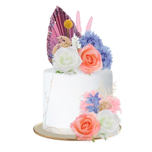 Xmart 5 stück Boho Kuchendekorationsset Tortendeko Mädchen Tortendekorationen Rohrkolben Fächerstrauß Künstliche Rosenblüten Wiederverwendbare DekoTorte für Geburtstags Hochzeitsfeiern von Xmart