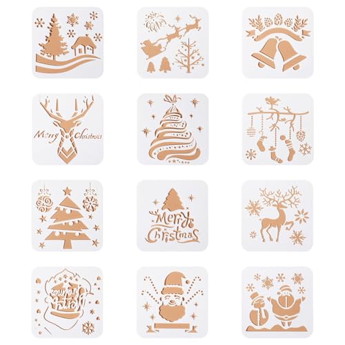 12 Stück Weihnachtsschablonen Wiederverwendbare Malschablonen für Wand, Scrapbook, Weihnachtsgrußkarte, DIY-Projekt, Zeichenhilfen von XnxnzhHo