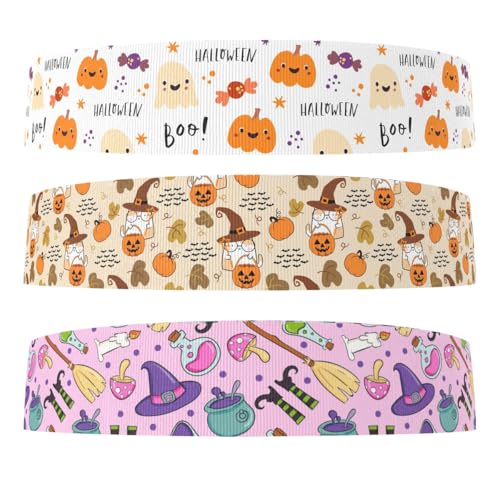 Halloween-Ripsband-Set, 13,7 m, 25 mm breit, niedliches Katzen-, Kürbis-Geister-Hexen-Muster, 3 Stile Halloween-Ripsband-Set, 13,7 m, 25 mm breit, niedliches Katzen-, Kürbis-Geister-Hexen-Muster, 3 Stile von XnxnzhHo