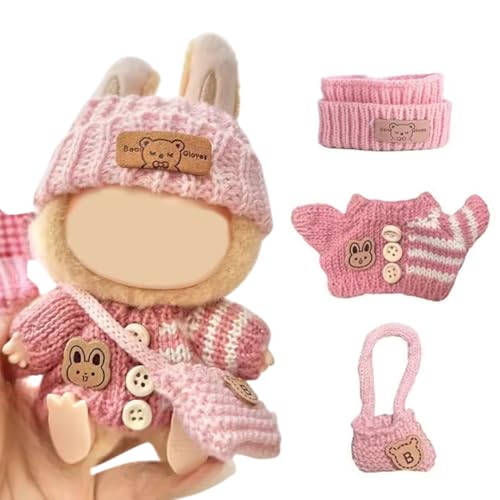 Strick Kleidungs Set 17cm für Labubu Puppen kompatibel mit V1 V2 V3 Pullover Mütze & Tasche (Blau oder Rosa) weiche und stilvolle Kostüm Hoodie Outfit Zubehör, Puppe und Brille Nicht enthalten (Pink) von XoTek