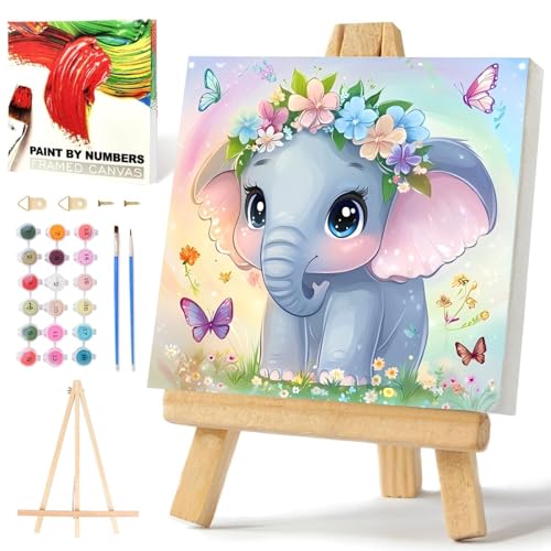 Xobers art Malen Nach Zahlen Kinder Elefant Mit Rahmen, Tiere Malen nach Zahlen Kits Anfänger, Painting by Number Animals, Geeignet Als Geschenk und Heimdekoration 20x20 cm von Xobers art