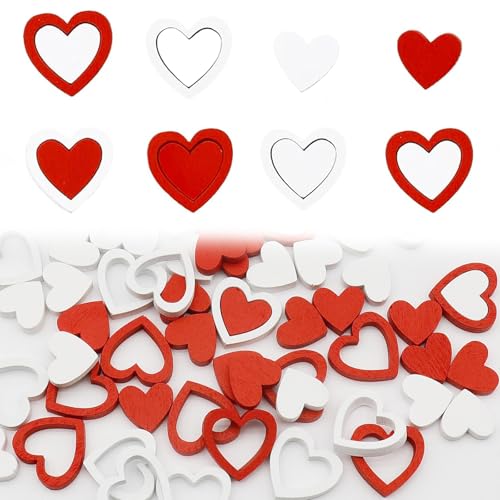 XoeLLe 72 Stück Holzherzen, Hochzeitsdeko Tisch, Herz Deko, Streudeko, Valentinstag Tischdeko, Tischdeko Holz, DIY Handwerk Verzierungen für Hochzeit Geburtstag Babyshower (Rot Weiß) von XoeLLe