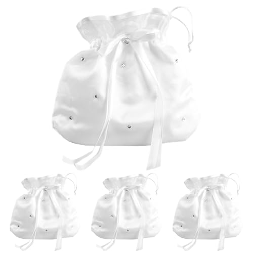 Holy Communion Bag, 4pcs weiße Brautbrautjungfernbeutel mit Strasssteinen und Bogenknoten, Brauttasche mit Kordelkorder für Hochzeitstag von Xoeryoy