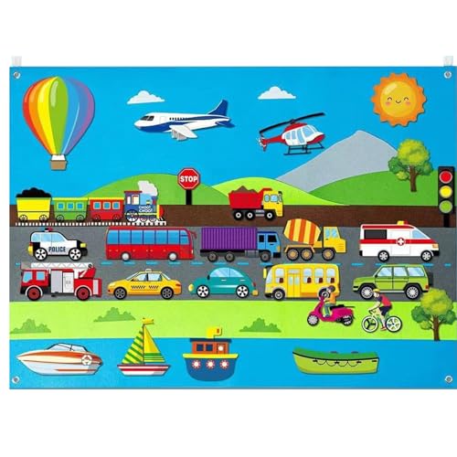 Xoeryoy Filzboard für Kleinkinder City Theme Woll Felt Board Story Set mit Autos, Flugzeugen, Schiffen und tragbarer interaktiver für Kinderpädagogikspiele von Xoeryoy