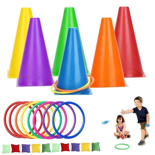 Xoeryoy Wurfspiel für Kinder farbenfrohe und engagierte Kinderspiele umfasst 6 Kegel, 10 Bohnensack, 10 Ring und 1 Aufbewahrungstasche für Karneval, Party, Feier, Outdoor von Xoeryoy