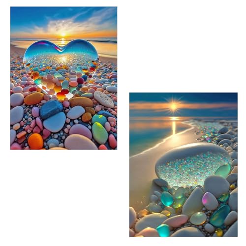 2 Stück 5D Diamond Painting, Kristall Herz Diamant Painting Bilder, Diamond Painting Erwachsene, Strand Sonnenuntergang Diamond Art, Full DIY Diamant Kunst Malerei Stickerei Set für Home Wand Décor von XongSyue