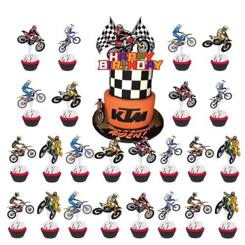 Motorrad Tortendeko, 25 Stück Deko Geburtstag Junge Kuchen, Kuchen Deko, Cake Topper Geburtstag, Happy Birthday Tortendeko Kinder, Cupcake Deko, Deko Torte, Motorrad Theme Geburtstag Deko für Kinder von XongSyue