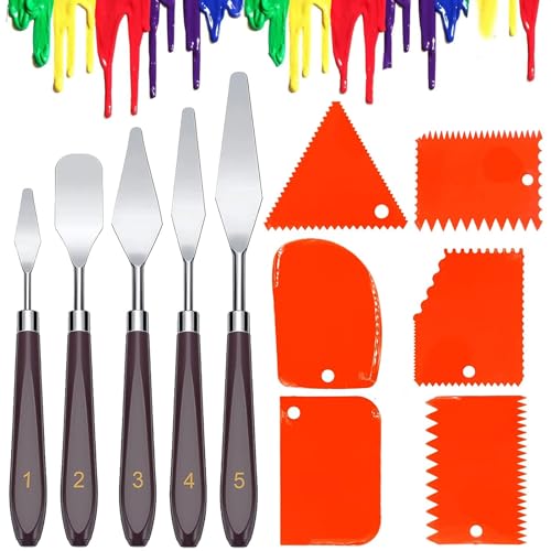 Xrten 11 Stück Palette Messer Set Abstreifermesser Malwerkzeug Set, Edelstahl Spachtel Set mit 5 Stücke Öl Malen Palettenmesser und 6 Stücke Abstreifermesser für Ölgemälde, Gouache, Felsmalerei von Xrten