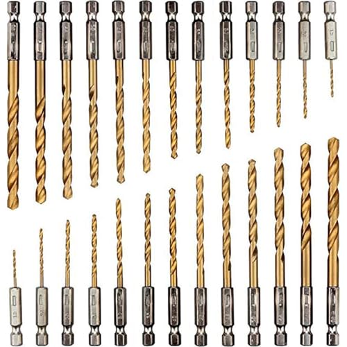 Xrten 26 teiliges Titan Bohrerset, Schnellwechsel Bohrer Sechskant Schaft, 1,5-5 mm Schnellarbeitsstahl, 1/4" Sechskantschaft Metallbohrer Set für Metall Holz und Kunststoff von Xrten