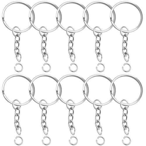 Xrten Schlüsselanhänger Selber Machen,Schlüsselanhänger Ringe,100 Stück 25mm Schlüsselring mit Kette,Silber Schlüsselring Keyring Chain mit Spaltringe für Hausschlüssel und Schlüssel Handwerk DIY von Xrten