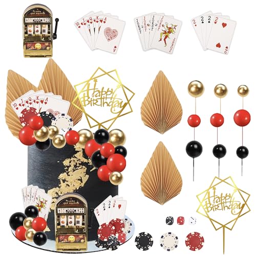 31 Stück Casino-Kuchenaufsatz, Casino-Kuchendekorationen mit Mini-Schlitz, Spielzeugmaschine, Poker-Cupcake-Topper, Casino, Happy Birthday, Kuchendekoration, Pokerchips, Würfel für Las Vegas Szene von Xsstarmi