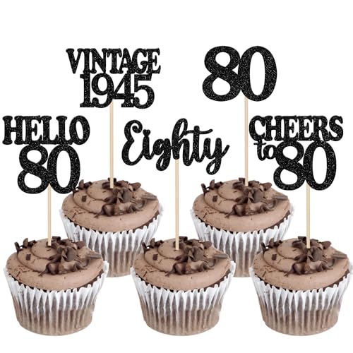 Cupcake-Topper "Happy 80th Birthday", glitzernd, Hello 80 Eighty Vintage 1945, Cupcake-Picks, Cheers to 80. Geburtstag, Party-Dekorationen für 80. Geburtstag, Jahrestag, Party, Kuchen, Schwarz, 30 Cupcake-Topper "Happy 80th Birthday", glitzernd, Hello 80 Eighty Vintage 1945, Cupcake-Picks, Cheers to 80. Geburtstag, Party-Dekorationen für 80. Geburtstag, Jahrestag, Party, Kuchen, Schwarz, 30 von Xsstarmi