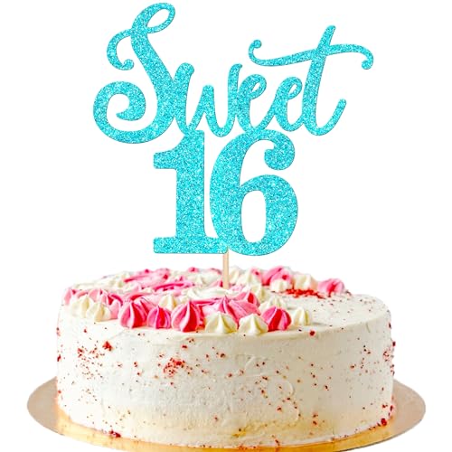 Xsstarmi 1 Packung Sweet 16 Cake Topper Glitter Happy 16th Birthday Cake Pick Cheers to 16 Years Old Sweet Teenager Sixteen Cake Decorations for Happy Sweet 16 Birthday Party Supplies Blue von Xsstarmi