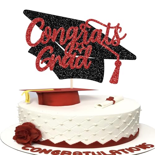 Xsstarmi 1 Packung Tortendeko Abschlussjahrgang 2025 Tortenaufsatz Abschlusskappe Glitzer Congrats Grad Absolvent Kuchen Topper für 2025 Graduation Absolvent Zubehör für Party Kuchen Dekorationen Rot von Xsstarmi