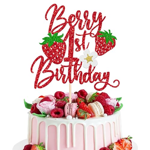 Xsstarmi 1 Packung Tortendeko Erdbeere 1. Geburtstag Tortenaufsatz Glitzer Erdbeere Erster Geburtstag Kuchen Topper für Kleine Erdbeere Baby Erster Geburtstag Zubehör für Party Kuchen Dekorationen Rot von Xsstarmi