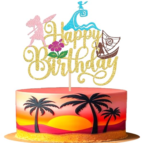 Xsstarmi 1 Packung Vaiana-Kuchenaufsatz "Happy Birthday", goldfarbene Glitzer-Welle, tropische Blume, Kuchendekoration für den Sommer, hawaiianisches tropisches Thema, Babyparty, Kindergeburtstag Xsstarmi 1 Packung Vaiana-Kuchenaufsatz "Happy Birthday", goldfarbene Glitzer-Welle, tropische Blume, Kuchendekoration für den Sommer, hawaiianisches tropisches Thema, Babyparty, Kindergeburtstag von Xsstarmi