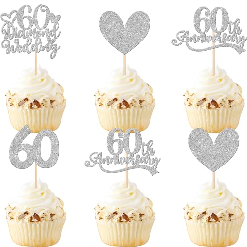 Xsstarmi 24 Packung 60. Hochzeit Jubiläum Cupcake Toppers Glitzer 60 Diamond Wedding Anniversary Cupcake Picks für Hochzeitstag 60. Diamant Hochzeit Jubiläum Party Kuchendekoration Silber Xsstarmi 24 Packung 60. Hochzeit Jubiläum Cupcake Toppers Glitzer 60 Diamond Wedding Anniversary Cupcake Picks für Hochzeitstag 60. Diamant Hochzeit Jubiläum Party Kuchendekoration Silber von Xsstarmi