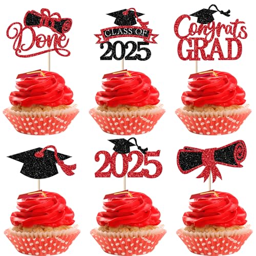 Xsstarmi 24 Packung Absolvent 2025 Cupcake Toppers Abschlusskappe Glitzer Congrats Grad Abschlussjahrgang 2025 Cupcake Picks für 2025 Graduation Absolvent Party Kuchendekoration Rot von Xsstarmi