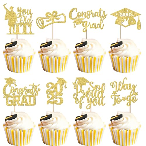 Xsstarmi 24 Packung Absolvent 2025 Cupcake Toppers Glitzer Congrats Grad Cupcake Picks So Proud of You Did it Kuchendekoration Absolvent 2025 Graduation Partyzubehör Gold von Xsstarmi