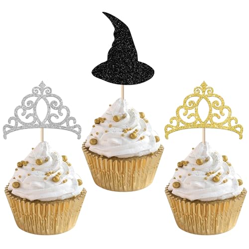Xsstarmi 24 Packung Böse Hexe Cupcake Toppers Hexenhut Krone Cupcake Picks für Magische Hexe Jahrestag Geburtstag Party Kuchendekoration Gold Silber von Xsstarmi