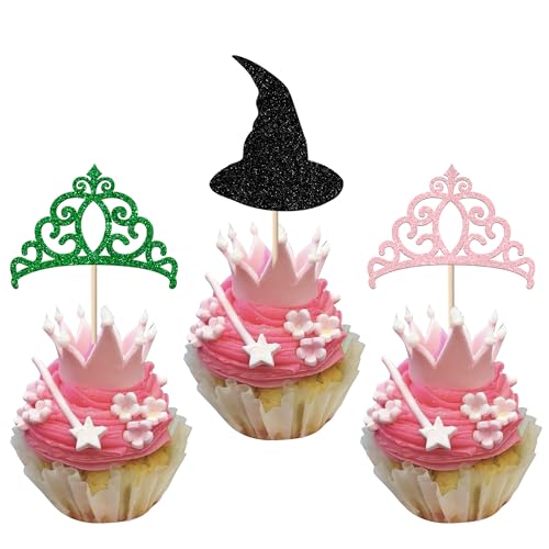 Xsstarmi 24 Packung Böse Hexe Cupcake Toppers Hexenhut Krone Cupcake Picks für Magische Hexe Jahrestag Geburtstag Party Kuchendekoration Rosa Grün von Xsstarmi