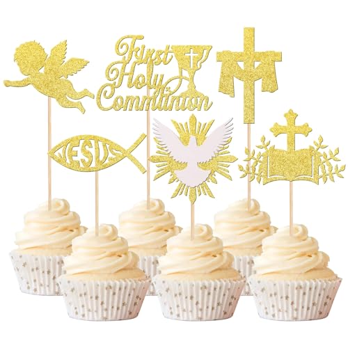 Xsstarmi 24 Packung Die Erste Kommunion Cupcake Toppers Glitzer Gott Segne Baby Erste Taufe Cupcake Picks First Communion Kuchendekoration für Christliche Taufe Geburtstag Partyzubehör Gold von Xsstarmi