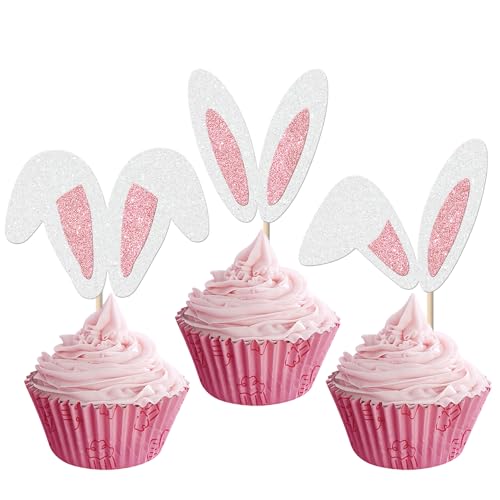 Xsstarmi 24 Packung Hasenohren Cupcake Toppers Glitzer Osterhase Cupcake Picks für Ostern Party Kuchendekoration von Xsstarmi