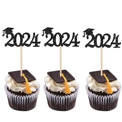 Xsstarmi 24 Stück 2024 Graduation Cupcake Toppers Glitter Grad Cap Cupcake Picks Diploma Done Congrats Grad Kuchen Dekorationen für Klasse 2024 Grad Congrats Party Supplies Schwarz von Xsstarmi