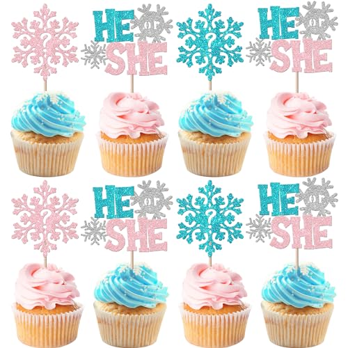 Xsstarmi 24 Stück He or She Schneeflocke Cupcake Toppers Glitter Snowflake Gender Reveal Cupcake Picks Dekorationen für Winter Frozen Thema Baby Shower Kinder Geburtstag Party Kuchen Dekorationen von Xsstarmi