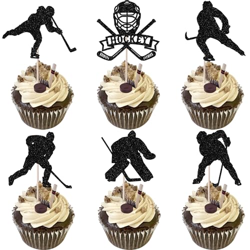 Xsstarmi 24 Stück Hockey-Cupcake-Topper, Glitzer, Hockeyspieler, Cupcake-Picks, Dekoration für Eishockey, Sport, Babyparty, Kindergeburtstag, Party, Kuchendekorationen, Zubehör, schwarz von Xsstarmi