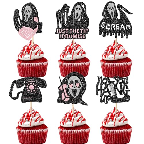 Xsstarmi 24 Stück Horror-Film-Cupcake-Topper, Glitzer, No You Hang Up, Cupcake-Picks, Horror, Classic Scream Have a Killer, Kuchendekorationen für Horror, Halloween, Geburtstag, Partyzubehör von Xsstarmi