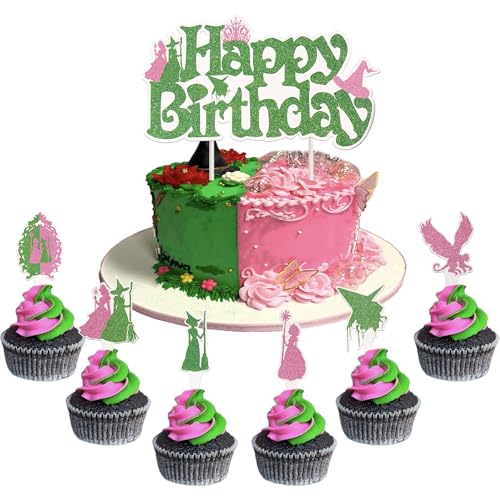 Xsstarmi 25 Stück Prinzessin Hexe Happy Birthday Tortenaufsatz Glitzer Rosa Grün Magische Hexe Kuchen Cupcake Picks für Halloween Zauberer Baby Shower Geburtstag Party Kuchen Dekorationen Supplies von Xsstarmi