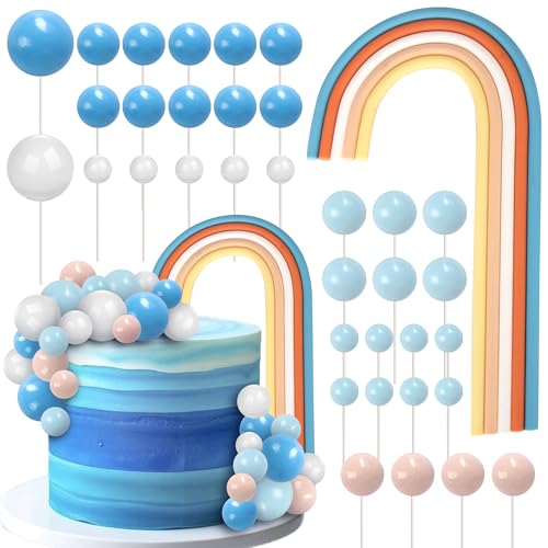 Xsstarmi 28 Stück Regenbogen-Tortenaufsatz-Dekorationsset mit Luftballons, Schaumstoffkugeln, Kuchenpicker für Babyparty, Geburtstag, Jahrestag, Party, Kuchendekorationen, Zubehör, Blau-Oranage von Xsstarmi